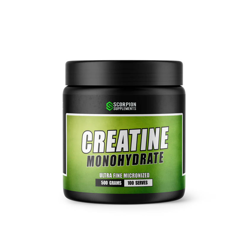 Supplement container labeled 'Creatine Monohydrate' by Scorpion Supplements on a white background.